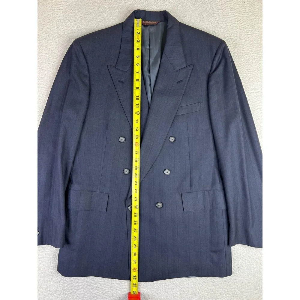 Nordstrom Suit Jacket Mens 43L Blue Stripe Wool Double Breasted USA